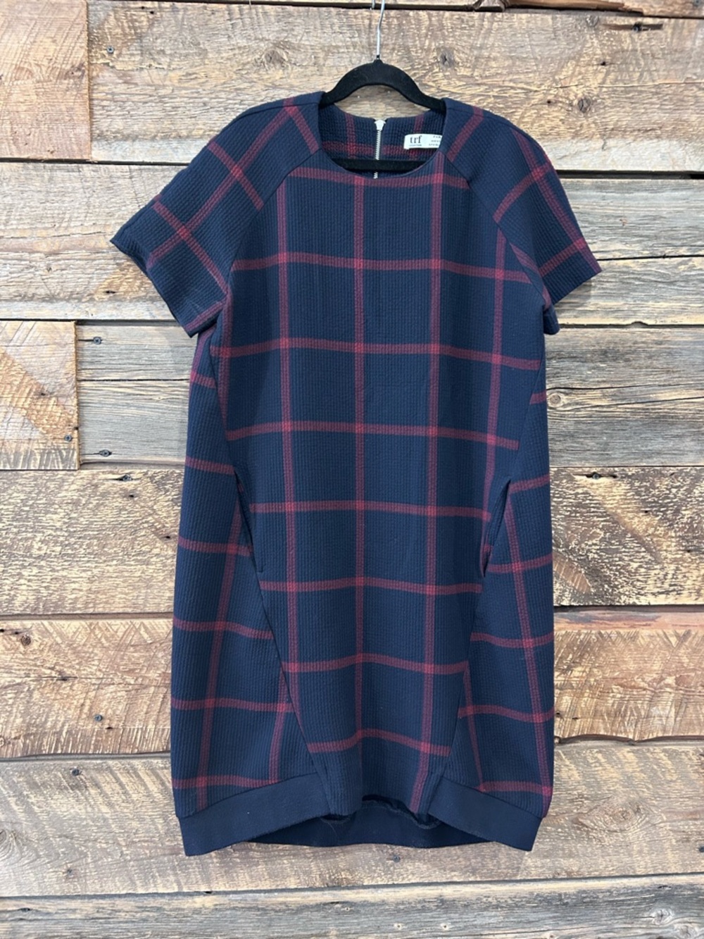 Zara Navy and Burgundy Plaid Midi Dress